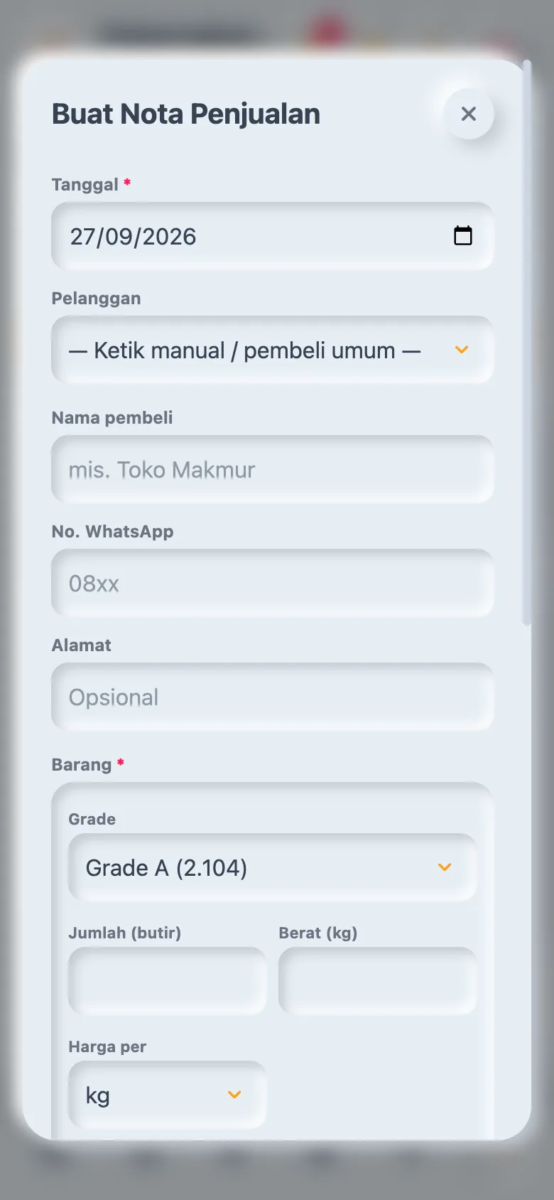 Form buat nota penjualan telur di Ternaka dengan pilihan pelanggan, grade, dan harga per kg